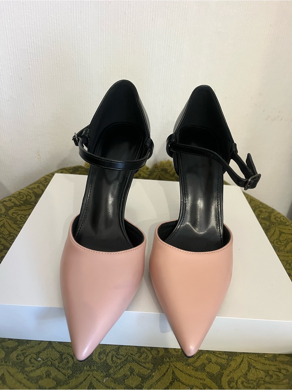 Pointed Two-Tone Ankle-Strap Heels in Pink and Black